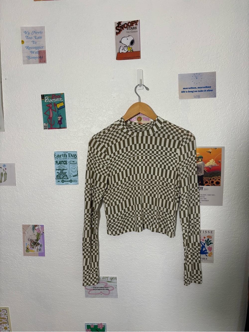 PacSun Olive and White Checkerboard Mock Neck Long Sleeve Top